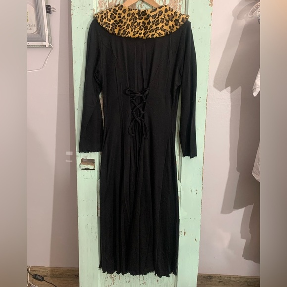 Women’s California Gold Rush black maxi button-up dress w/ leopard print collar - Picture 2 of 5